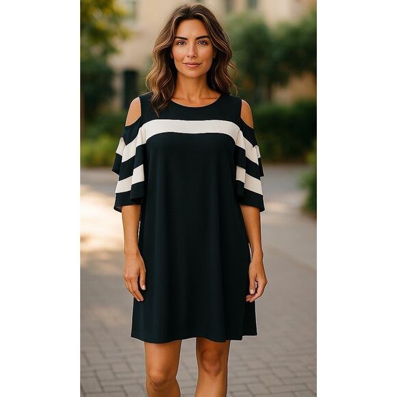 Nina Leonard Dresses & Skirts - Women's Nina Leonard Draped Sleeve Cold-Shoulder Dress, Black Tan, Size XL